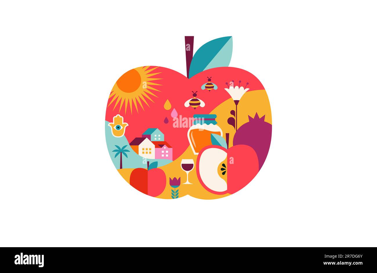 Sfondo Rosh Hashanah, banner di mela con motivo geometrico piatto. Shana Tova, felice anno nuovo ebraico, concept design Illustrazione Vettoriale