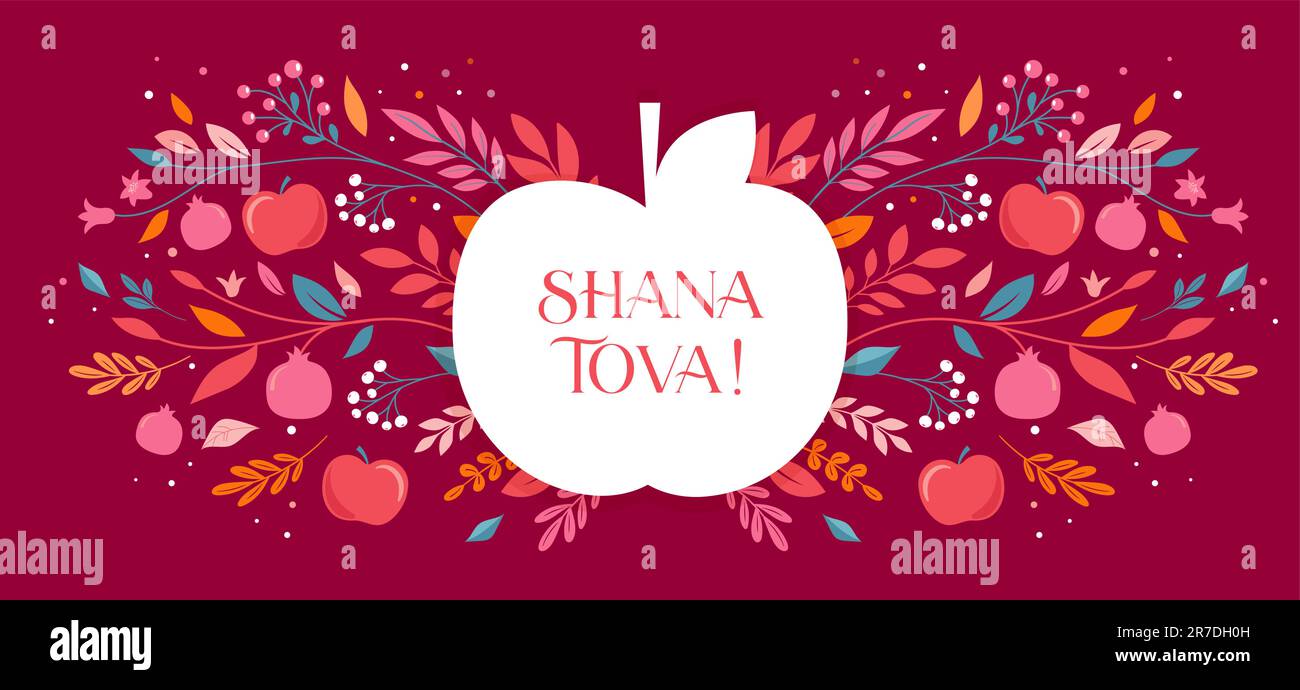 Rosh Hashanah sfondo, banner floreale con piante, fiori, mele e melograno . Shana Tova, felice anno nuovo ebraico, concept design Illustrazione Vettoriale