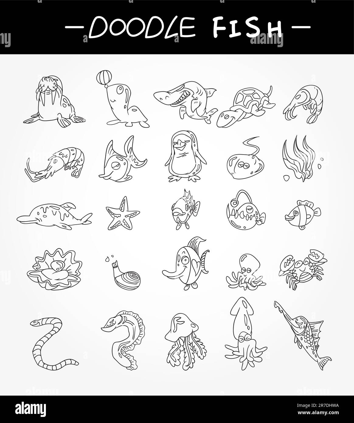 disegna a mano le icone dei pesci dell'acquario Illustrazione Vettoriale