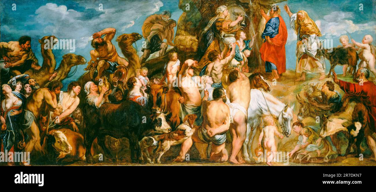 Mosè colpisce l'acqua dalla roccia, dipingendo in olio su tela di Jacob Jordaens, 1645-1650 Foto Stock