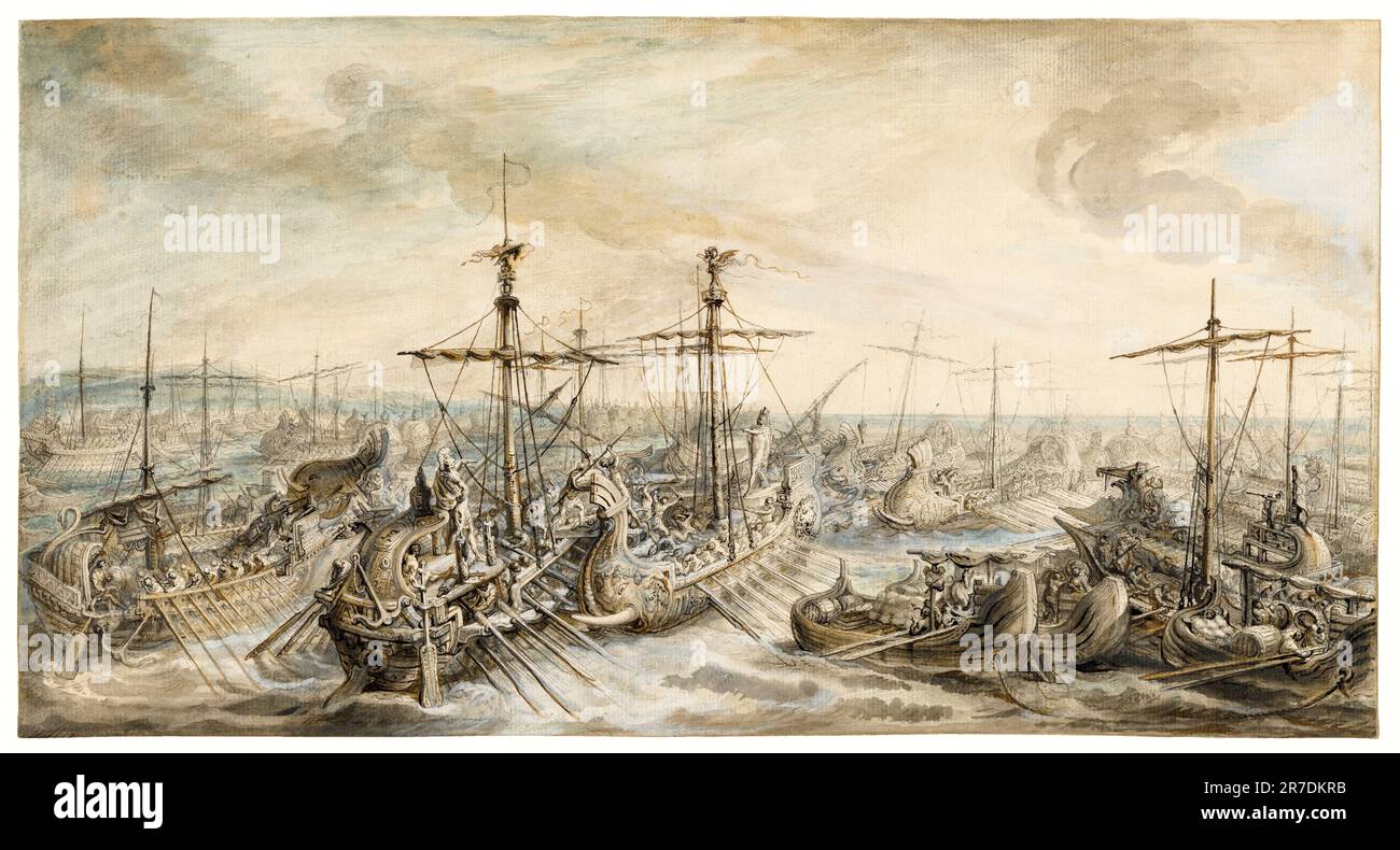 La flotta romana vittoriosa sui Cartaginesi alla battaglia di Capo Ecnomus nel 256 a.C., dipinto di Gabriel Jacques de Saint-Aubin, circa 1763 Foto Stock