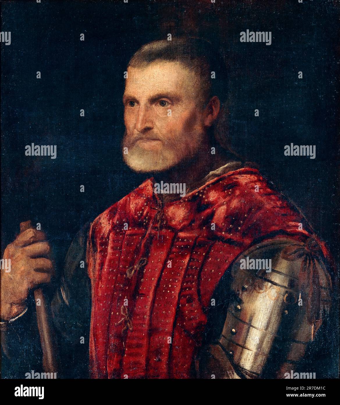 Tiziano, Tiziano Vecellio, uomo in armatura, ritratto dipinto ad olio su tela, 1530 circa Foto Stock