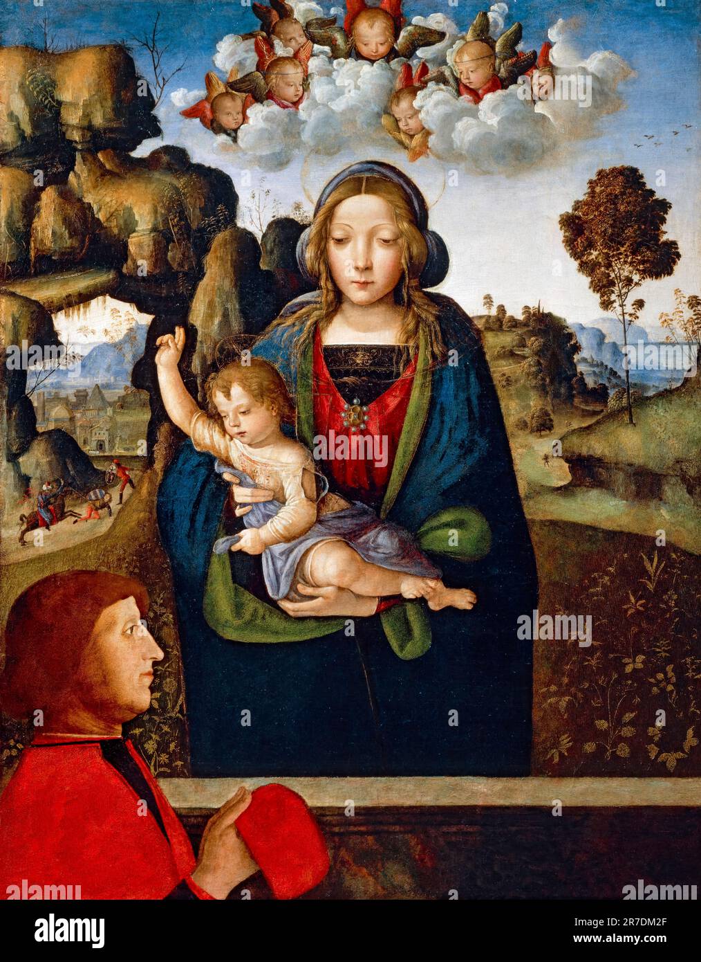 Bernardino di Betto, Madonna col Bambino con adoratore, dipinto in tempera su tavola trasferita su tela, 1500-1510 Foto Stock