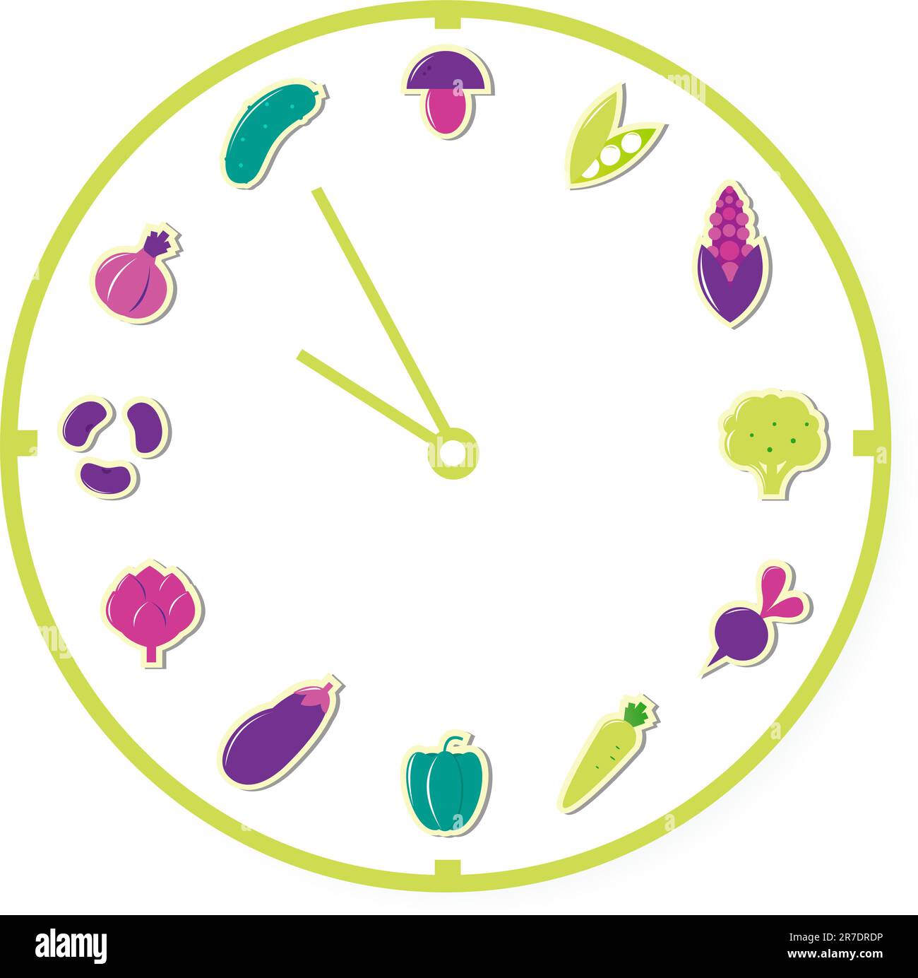 Orologio che mostra cibo sano, icone vegetali, illustrazione vettoriale. Illustrazione Vettoriale