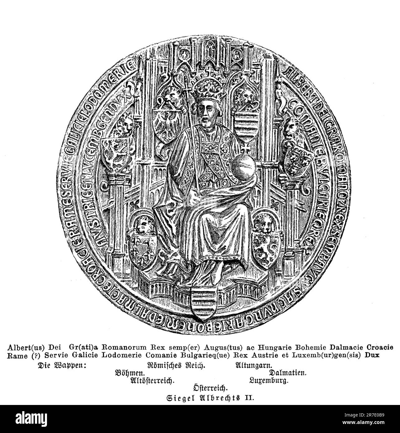 Sigillo di Alberto II (1397-1439) conosciuto anche come Alberto il magnanimo della Casa degli Asburgo re del Sacro Romano Impero, Ungheria, Croazia, Boemia e per eredità di Lussemburgo Foto Stock
