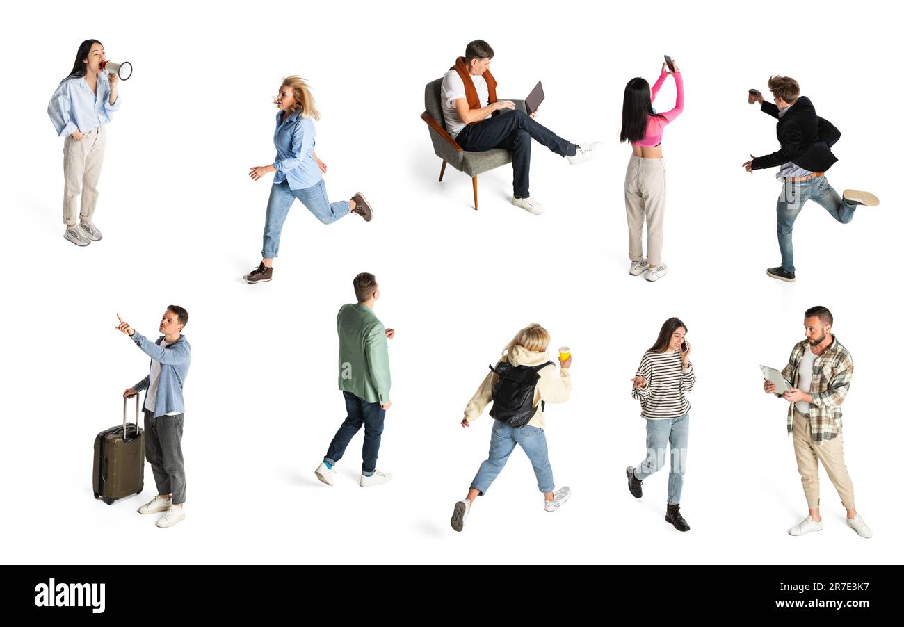 Collage concettuale. Diversi giovani che lavorano, parlano al telefono, viaggiano, studiano. Vista isometrica Foto Stock