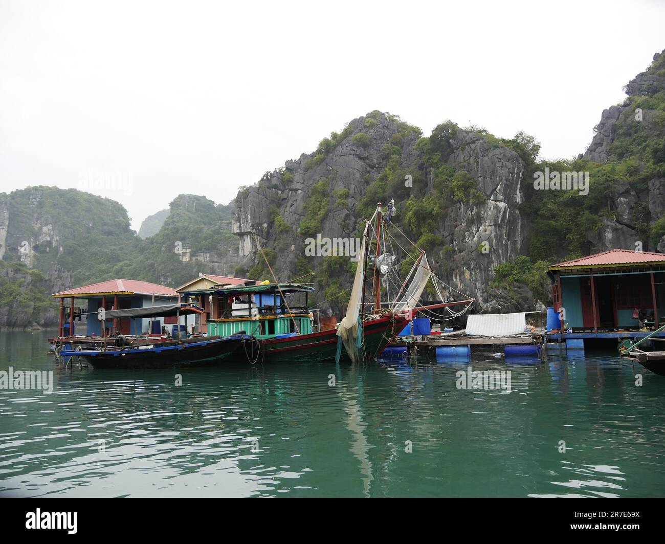 Vietnam, Quang Ninh Area, Halong Bay o ha Long Bay Sito Patrimonio dell'Umanità dell'UNESCO, Vung Vieng Fishing Floating Village Foto Stock