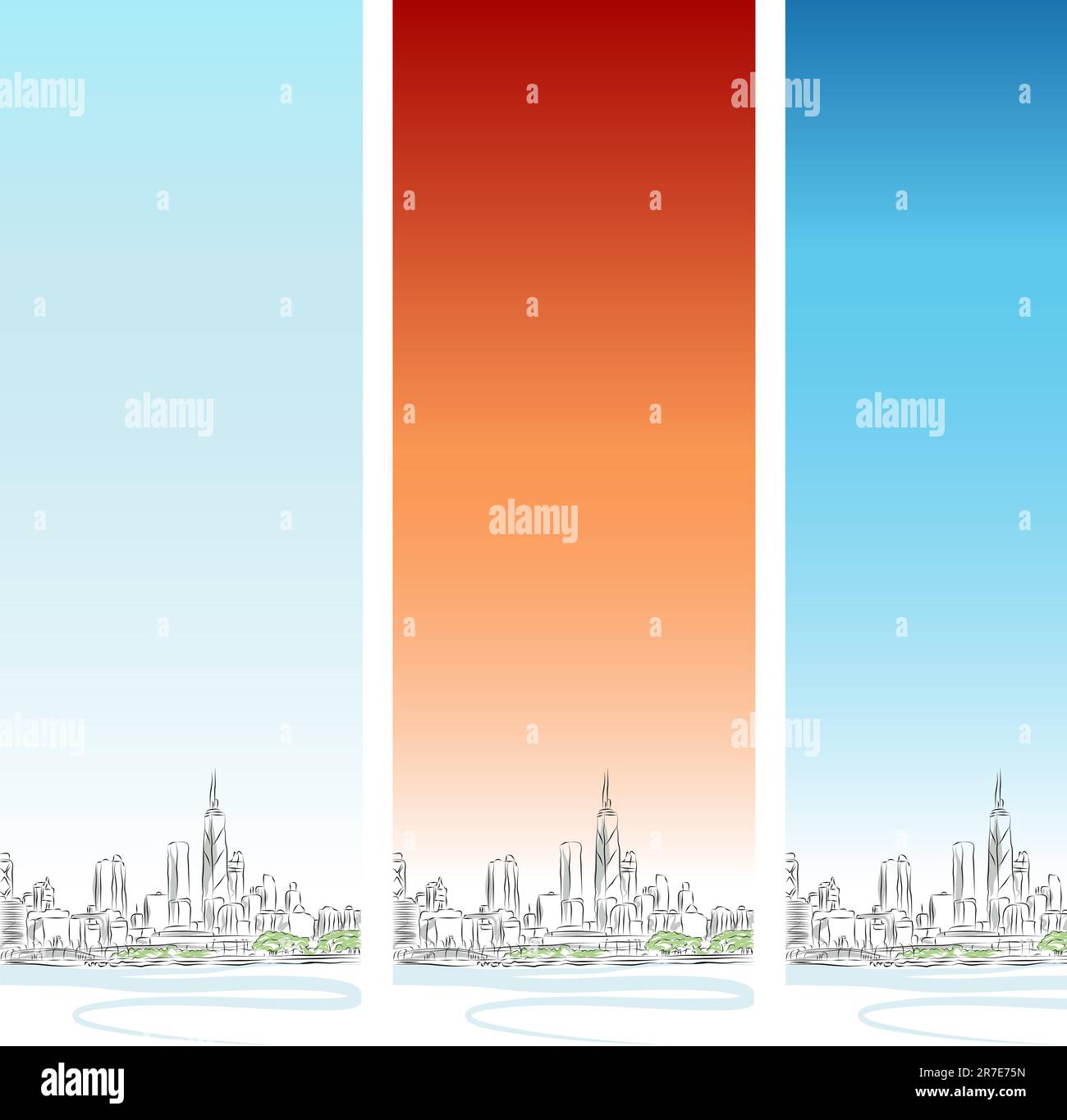 Un'immagine di un paesaggio urbano Chicago banner verticale set. Illustrazione Vettoriale