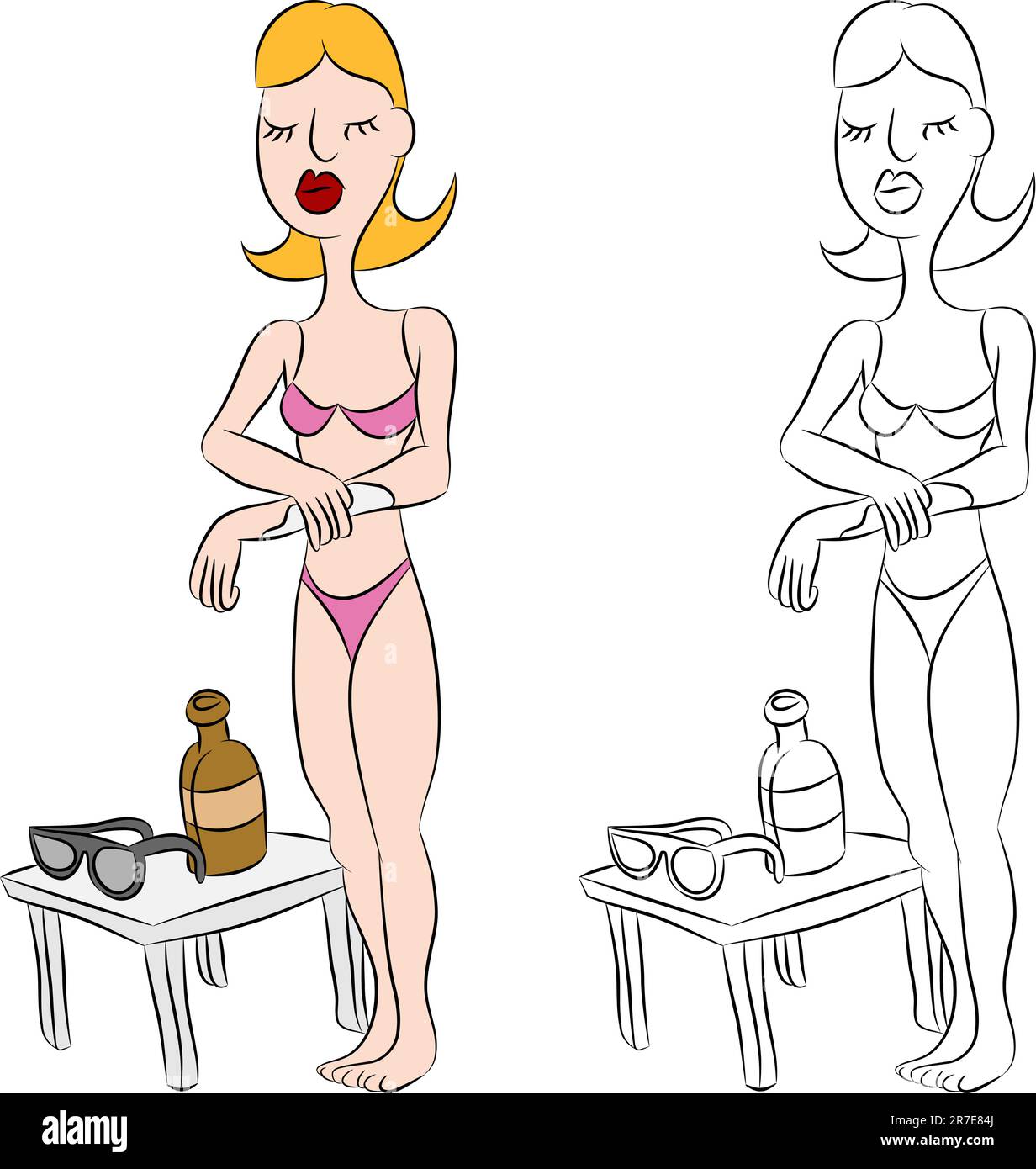 Una immagine di una donna che indossa un bikini applicare lozioni solari al suo braccio. Illustrazione Vettoriale