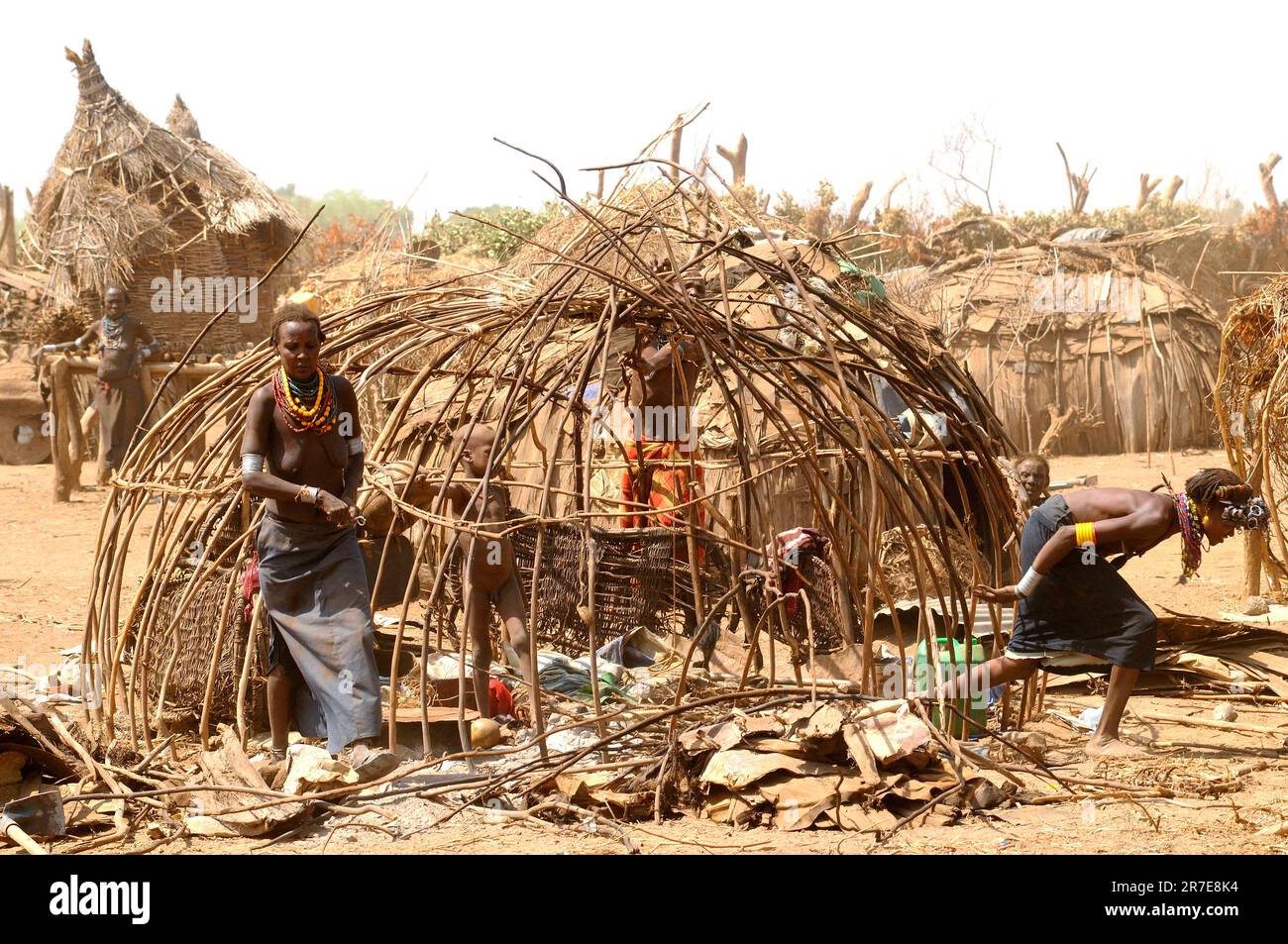 Daasanach o Dassanech persone che costruiscono una capanna. Valle di Omo, Etiopia. Foto Stock