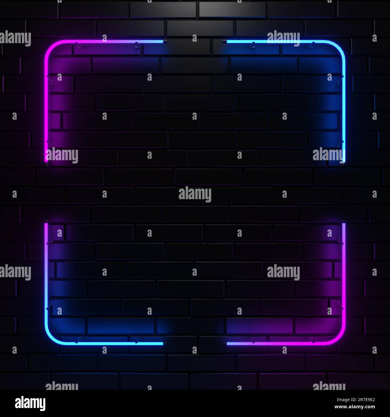 Cornice al neon di forma quadrata e luminosa su parete in mattoni nella stanza scura. Bagliore di colore sfumato da blu a viola. Concetto di fantascienza e cyberpunk. Illustrazione 3D. Foto Stock