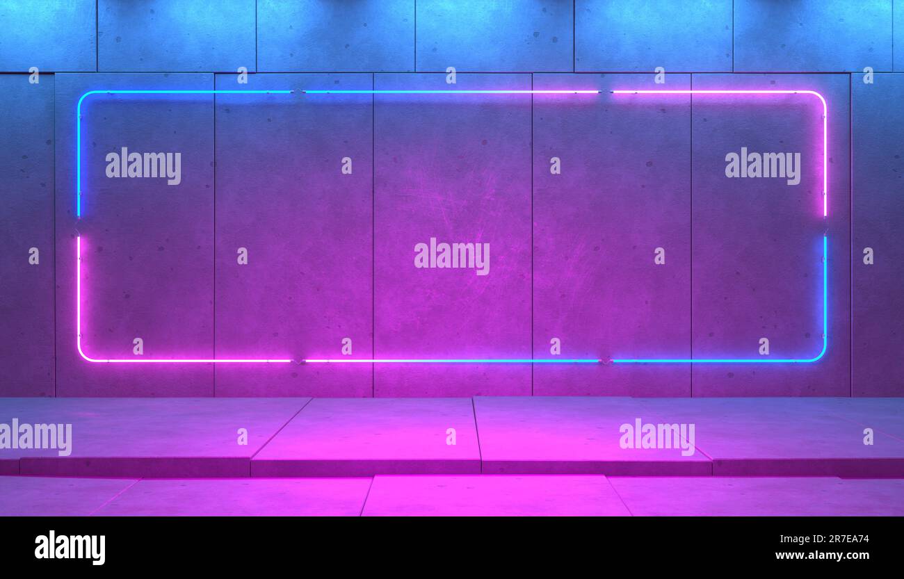 Moderna e futuristica camera astratta con luci al neon blu e rosa che illuminano lo sfondo di lastre di cemento con pavimento ruvido. illustrazione 3d Foto Stock