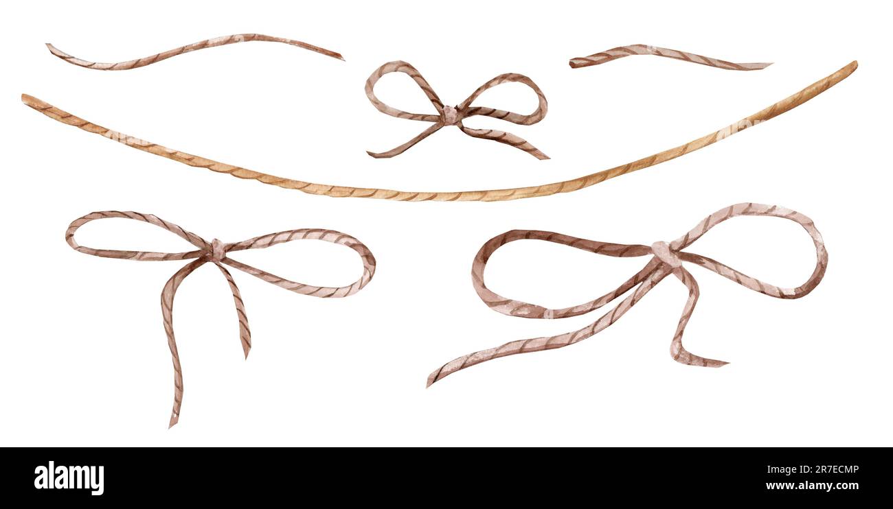 Acquerello fondo disegnato a mano con il nodo ad arco della corda di lino. Set di funi per cavi. Corda in iuta con acquerello di prua. Spago. Illustrazione isolata Foto Stock