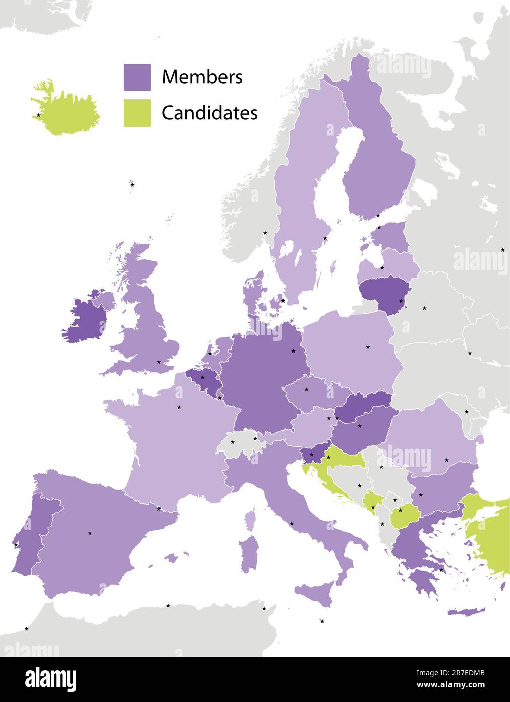 Membri dell'Unione europea e candidati, sagome dei paesi. Il file EPS contiene livelli separati con il nome della contea, i confini e il livello con le contee.... Illustrazione Vettoriale