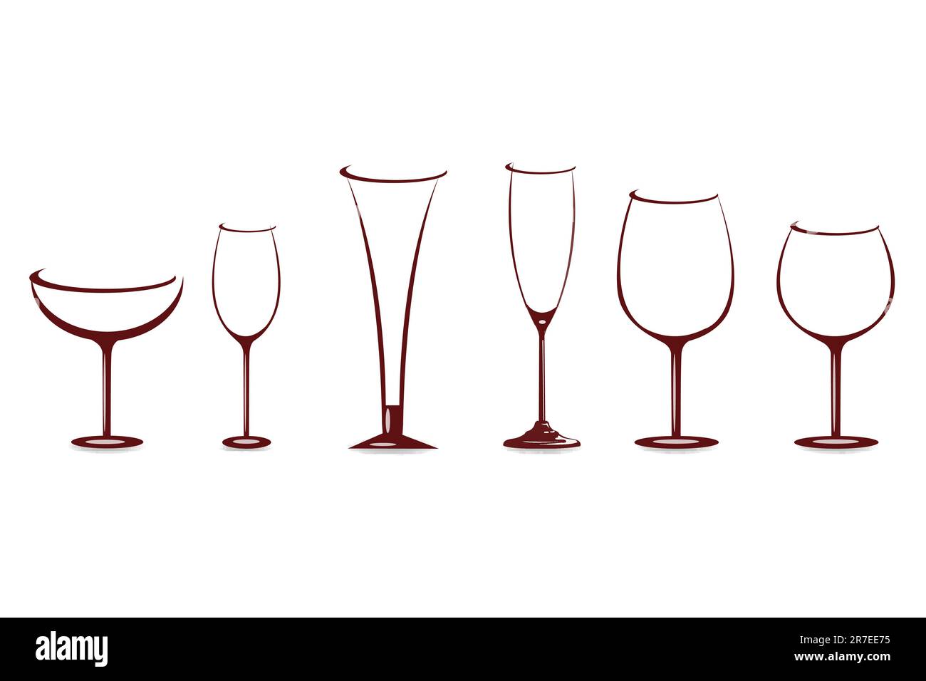 Illustrazione di forme di bicchieri di vino su sfondo bianco Illustrazione Vettoriale