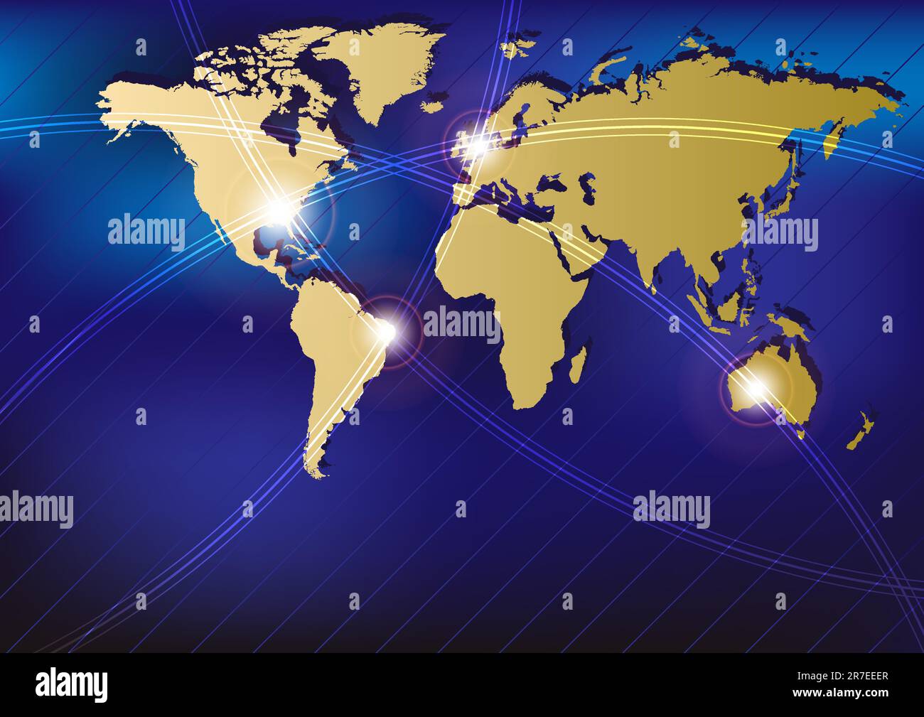 Sfondo tecnologico - Golden World Map con fibre incandescente Illustrazione Vettoriale
