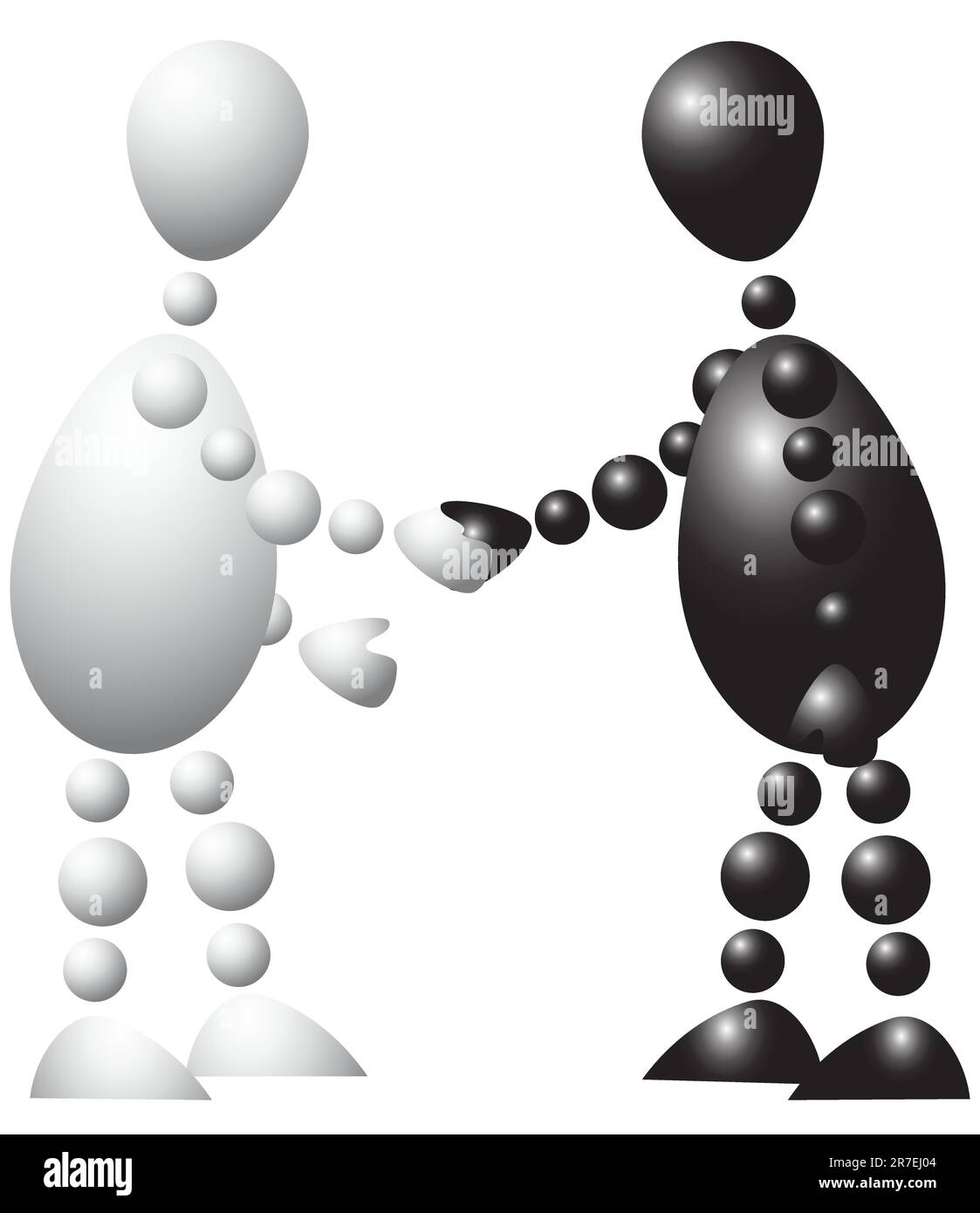L'uomo nero e l'uomo bianco stringono la mano. Astratta serie 3d-umana di Balls. Variante di colorato isolato su sfondo bianco. Una ve completamente modificabile... Illustrazione Vettoriale