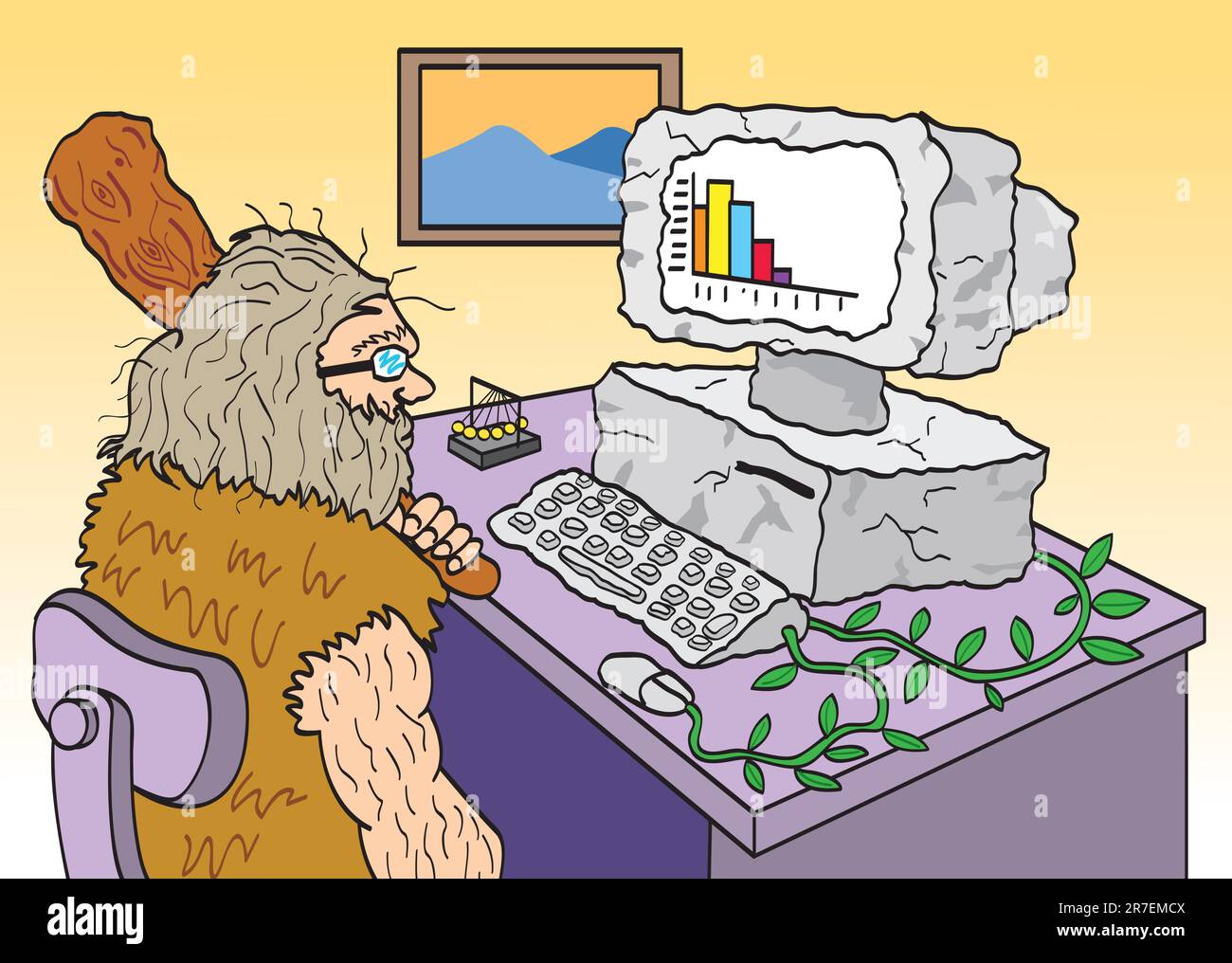 Un cartone animato di un uomo raffigurato come un cavernicolo nell'ufficio che cerca di usare un computer obsoleto. Illustrazione Vettoriale