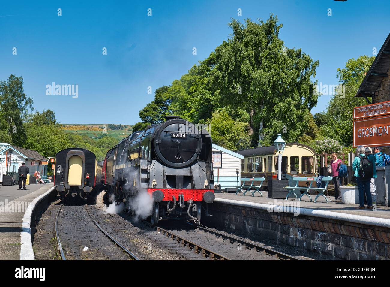 92134 Classe 9F a Grosmont sul treno 1330 Grosmont-Pickering Foto Stock