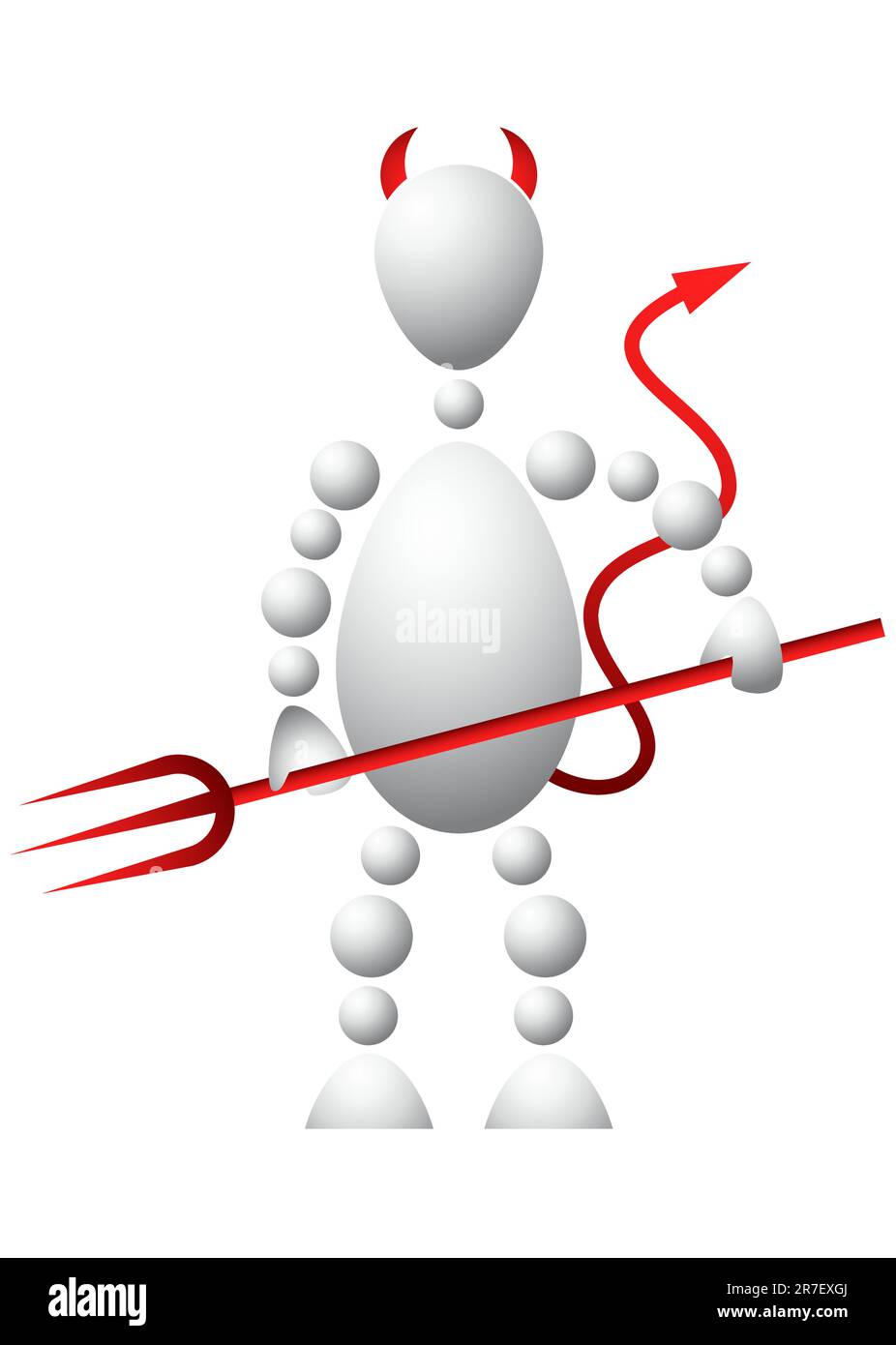 Uomo con corna rosse, coda e forcone come diavolo. Astratta serie 3d-umana di Balls. Variante di bianco isolato su sfondo bianco. Un editab completo... Illustrazione Vettoriale