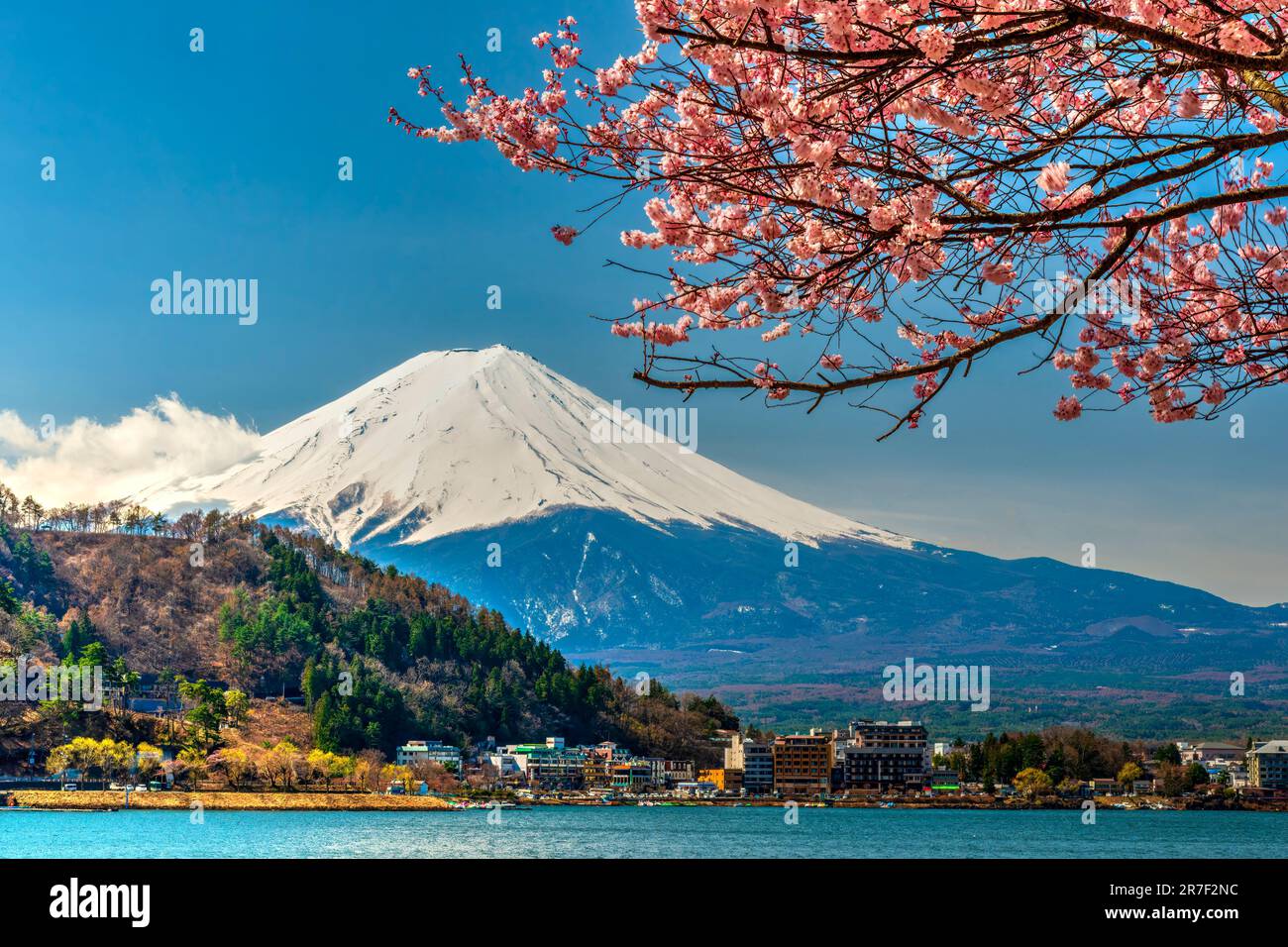 Lago Kawaguchi con l'iconico Monte Fuji, Fujikawaguchiko, Honshu, Giappone Foto Stock