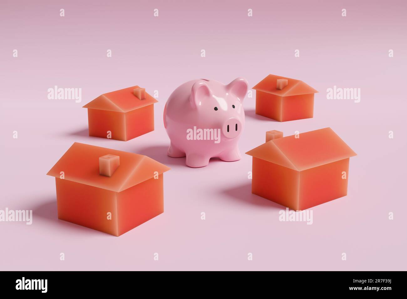 Salvadanaio rosa circondato da case di giocattoli di plastica rosse su sfondo rosa. Concetto di depositi e ipoteche richiesto dai nuovi acquirenti di abitazioni Foto Stock