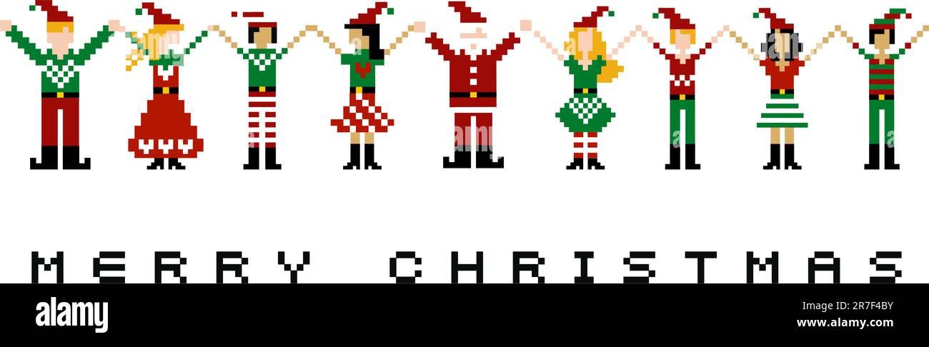 Un gruppo di pixeled xmas caratteri per celebrare il Natale. Illustrazione Vettoriale