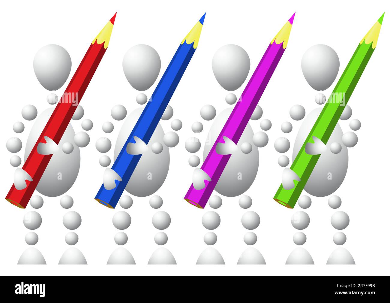 Gruppo di quattro uomini con matite colorate. Astratta serie 3d-umana di Balls. Variante di bianco isolato su sfondo bianco. Un vecto completamente modificabile... Illustrazione Vettoriale