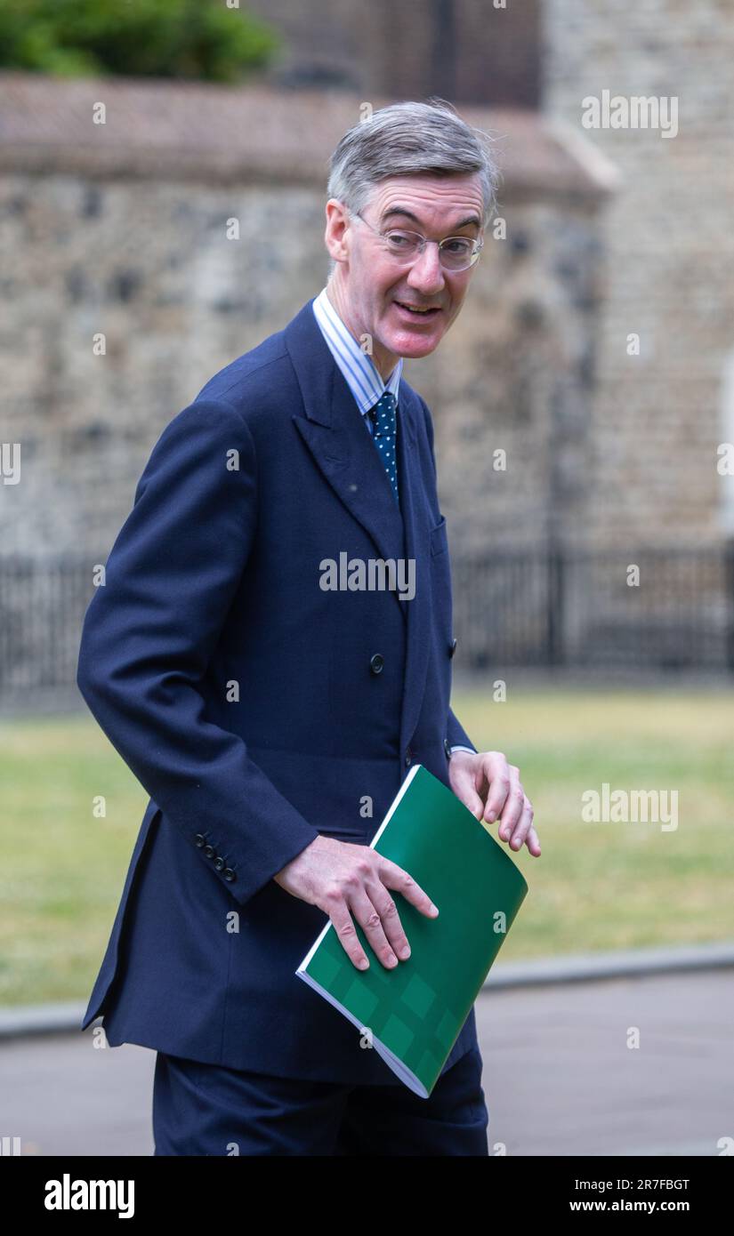 Londra, Inghilterra, Regno Unito. 15th giugno, 2023. Il membro conservatore DEL Parlamento JACOB REES-MOGG è visto parlare alla stampa a Westminster mentre reagisce alla relazione della commissione per i privilegi sull'ex primo ministro Boris Johnson. (Credit Image: © Tayfun Salci/ZUMA Press Wire) SOLO PER USO EDITORIALE! Non per USO commerciale! Foto Stock