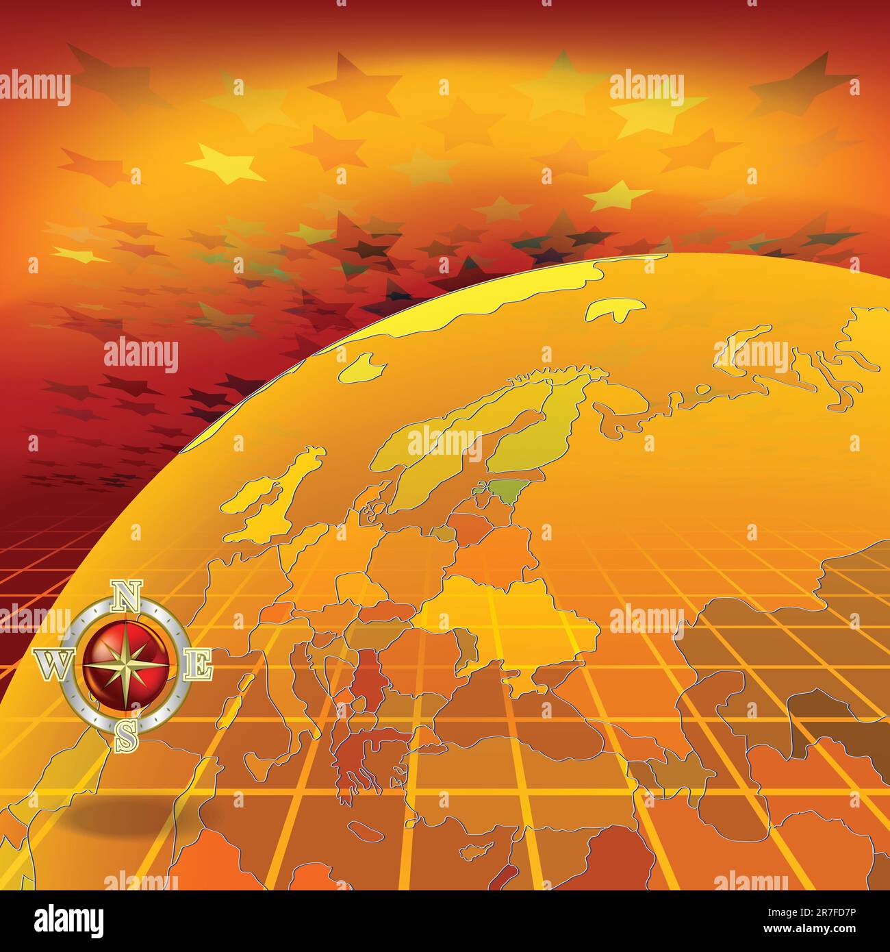 Illustrazione astratta con globo e bussola su rosso Illustrazione Vettoriale