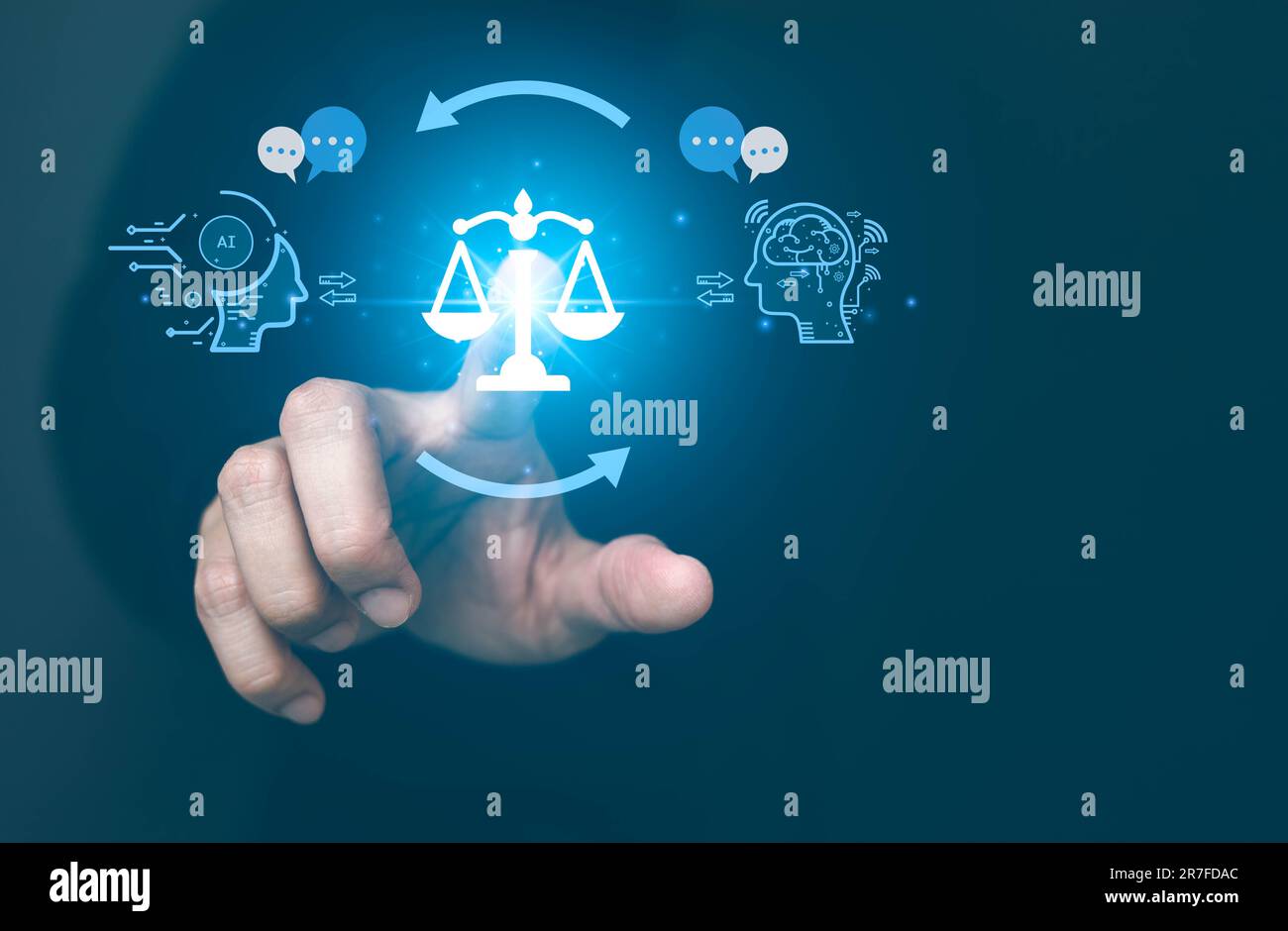 Etica dell'intelligenza artificiale o concetto di legge dell'intelligenza artificiale. Sviluppo di codici etici per l'intelligenza artificiale. Conformità, regolamentazione, standard , politica aziendale e responsabilità per la protezione Foto Stock