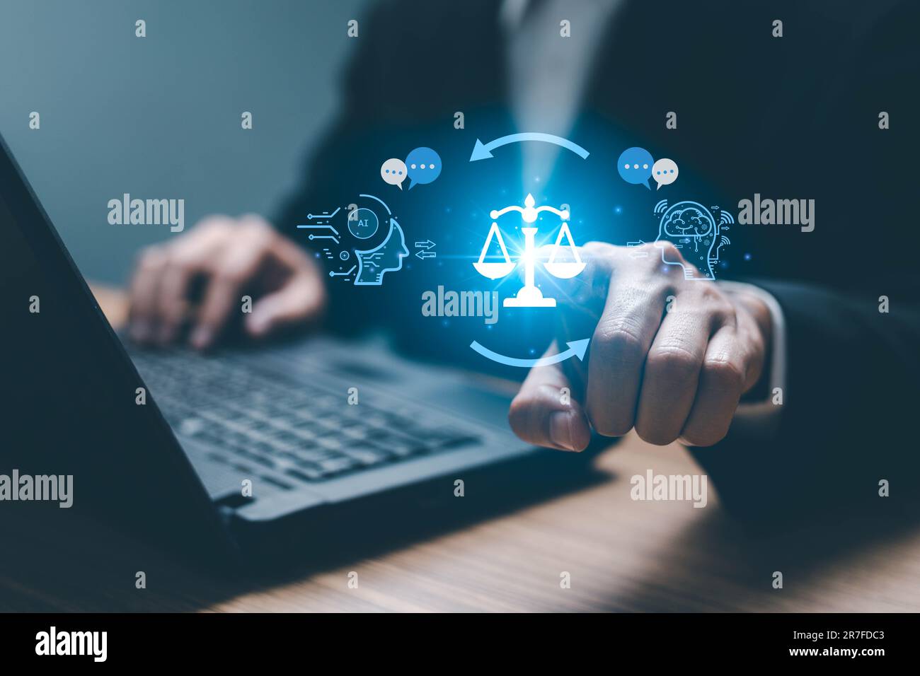 Etica dell'intelligenza artificiale o concetto di legge dell'intelligenza artificiale. Sviluppo di codici etici per l'intelligenza artificiale. Conformità, regolamentazione, standard , politica aziendale e responsabilità per la protezione Foto Stock
