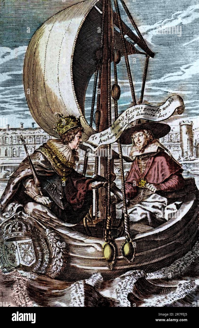 Allégorie du cardinal de Richelieu (1585-1642) à la barre du bateau d'État en compagnie du roi Louis XIII (1601-1643), Gravure, Francia, XVIIe siècle - Allegoria del cardinale de Richelieu (1585-1642) al timone della barca di stato insieme a re Luigi XIII (1601-1643), incisione, Francia, 17th ° secolo Foto Stock