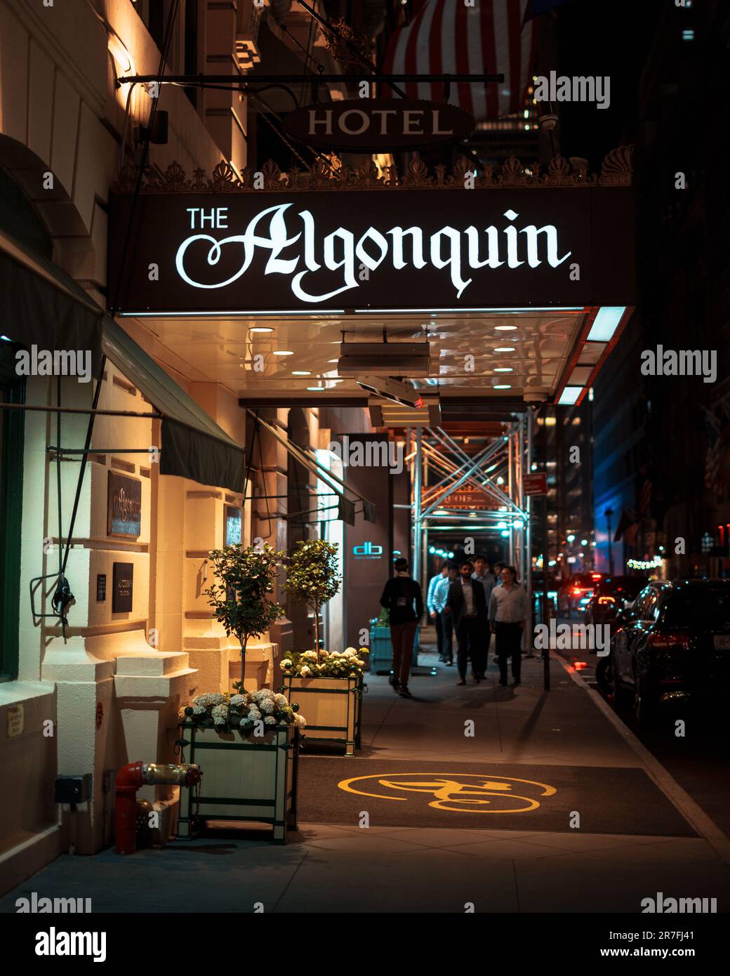 L'insegna Algonquin Hotel di notte, Manhattan, New York Foto Stock