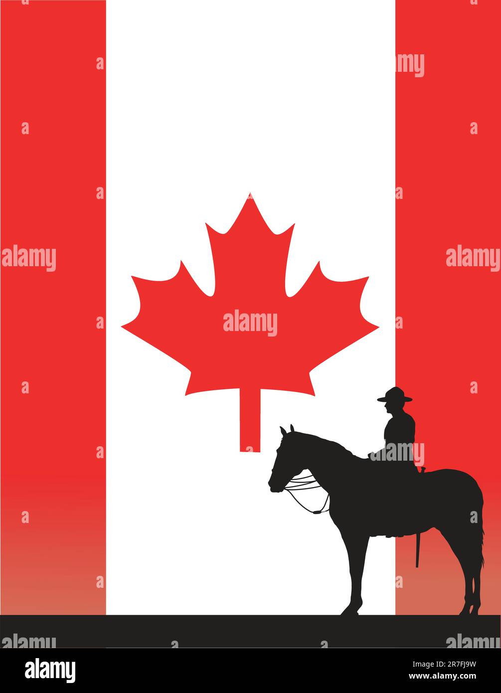 La silhouette di un canadese montato funzionario di polizia contro una bandiera canadese Illustrazione Vettoriale