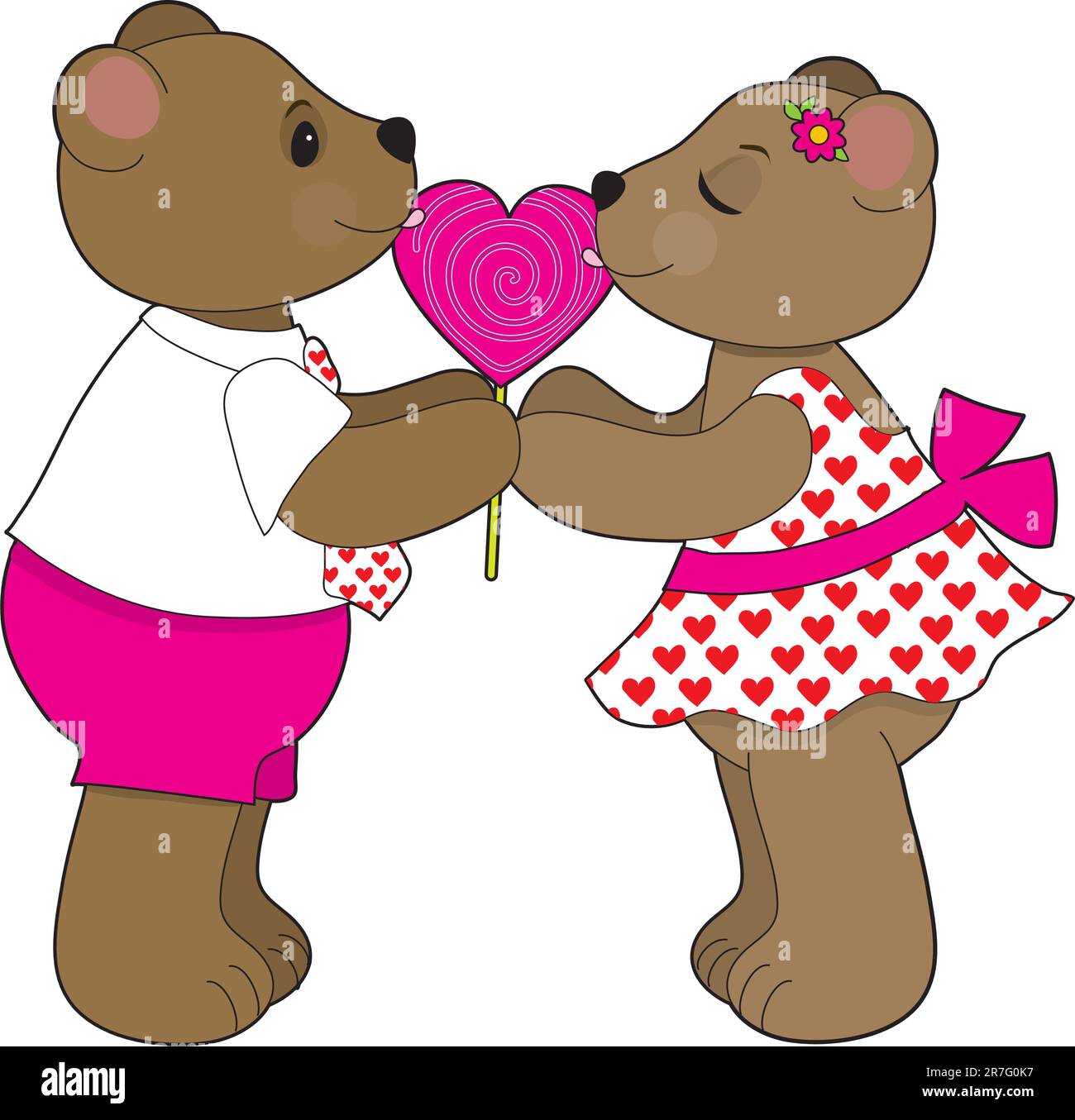 Un orsacchiotto giovane sono la condivisione di un lecca-lecca conformata come un cuore Illustrazione Vettoriale Un orsacchiotto giovane sono la condivisione di un lecca-lecca conformata come un cuore Illustrazione Vettoriale