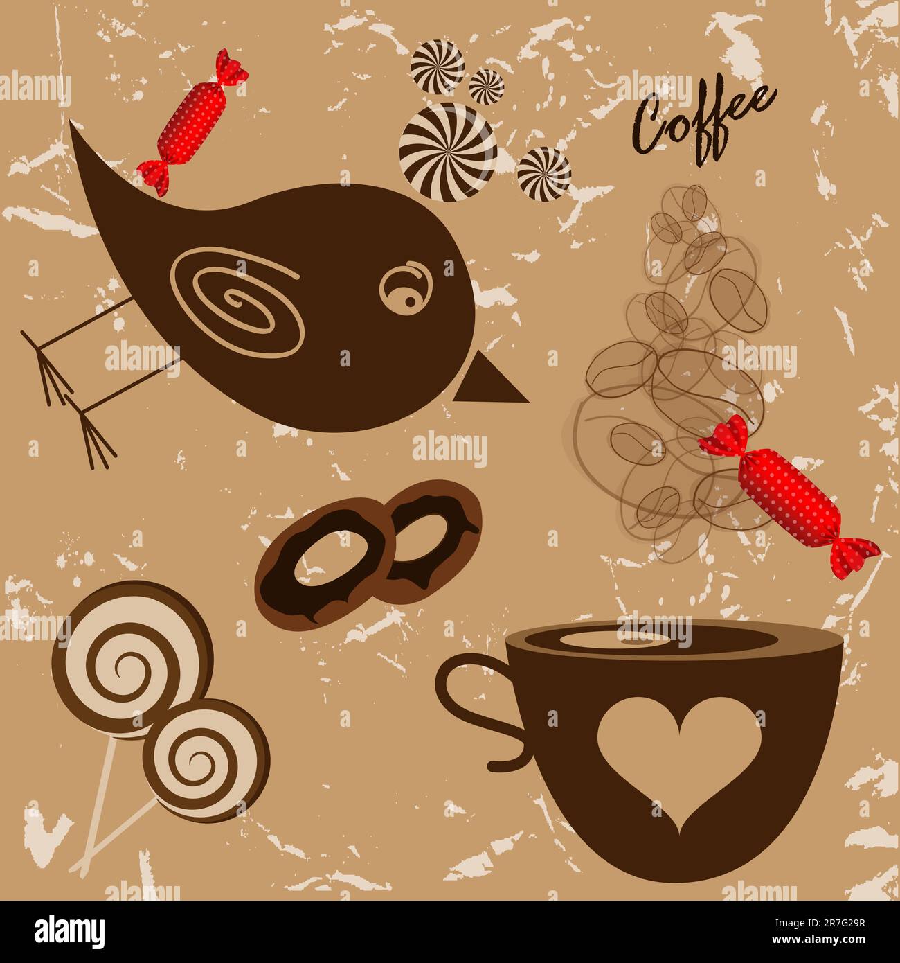 Immagine vettoriale con uccello, tazza da caffè e caramelle Illustrazione Vettoriale