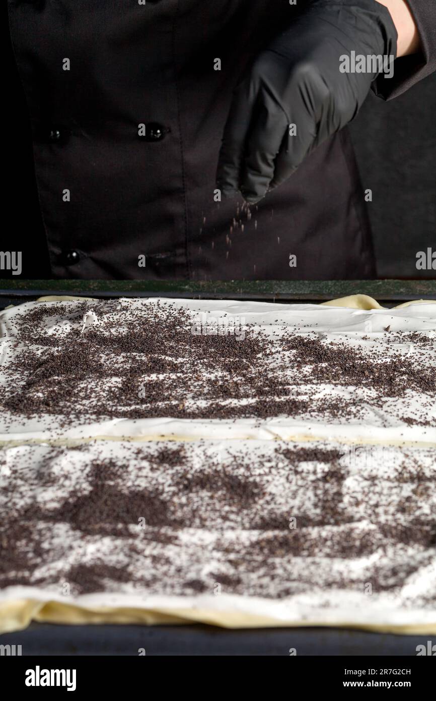 Processo di preparazione di una torta Napoleone con semi di papavero e ciliegie. Primo piano Foto Stock