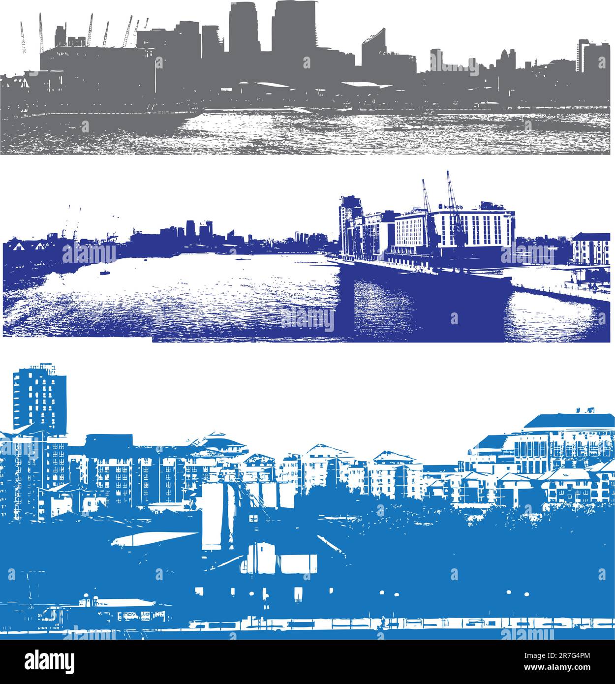 Lo skyline di Londra come visto dalla Docklands in un grunge stile urbano Illustrazione Vettoriale