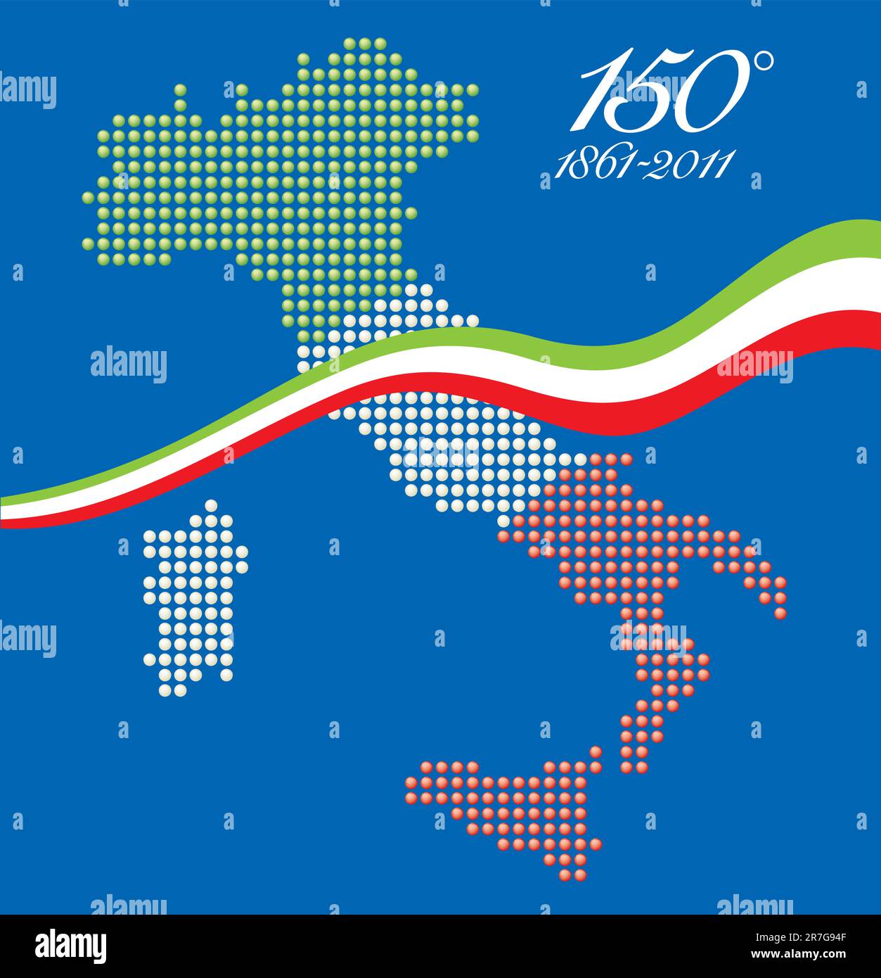 Illustrazione per il 150° anniversario dell'unità italiana, con una mappa grafica dell'Italia rappresentata come sfere LED con colori bandiera italiana Illustrazione Vettoriale