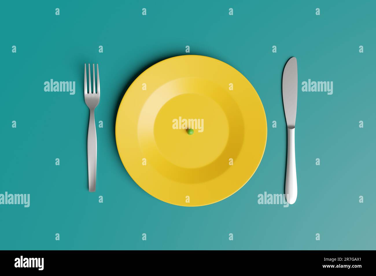 Piastra gialla con solo un pisello verde con forchetta e coltello su ciascun lato su sfondo verde. Concetto di superfood, dieta, carestia e dieta verde Foto Stock