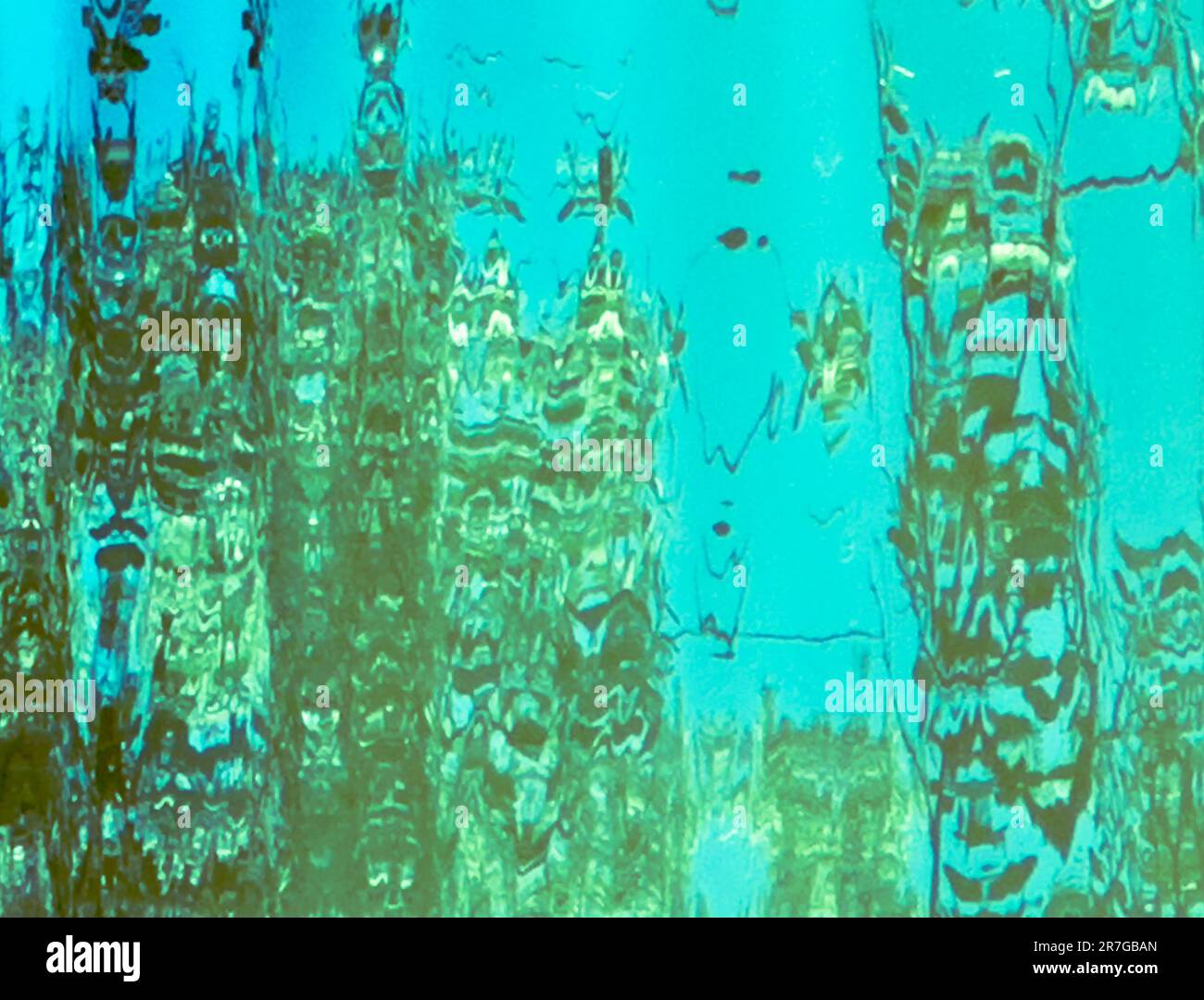 La riflessione sull'acqua torbida mostra schemi astratti, linee e forme. Il materiale delle foglie galleggia creando una rete di design. Immaginate insetti, maschere, piante, insetti. Foto Stock