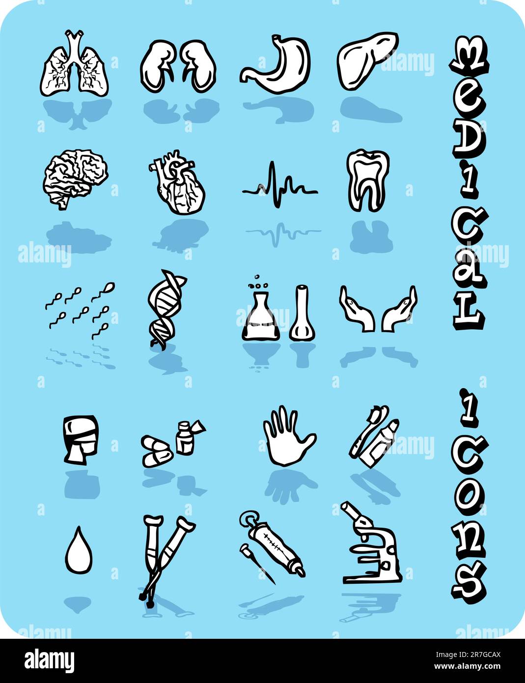 Icone mediche vettoriali, bianco e nero su sfondo blu Illustrazione Vettoriale
