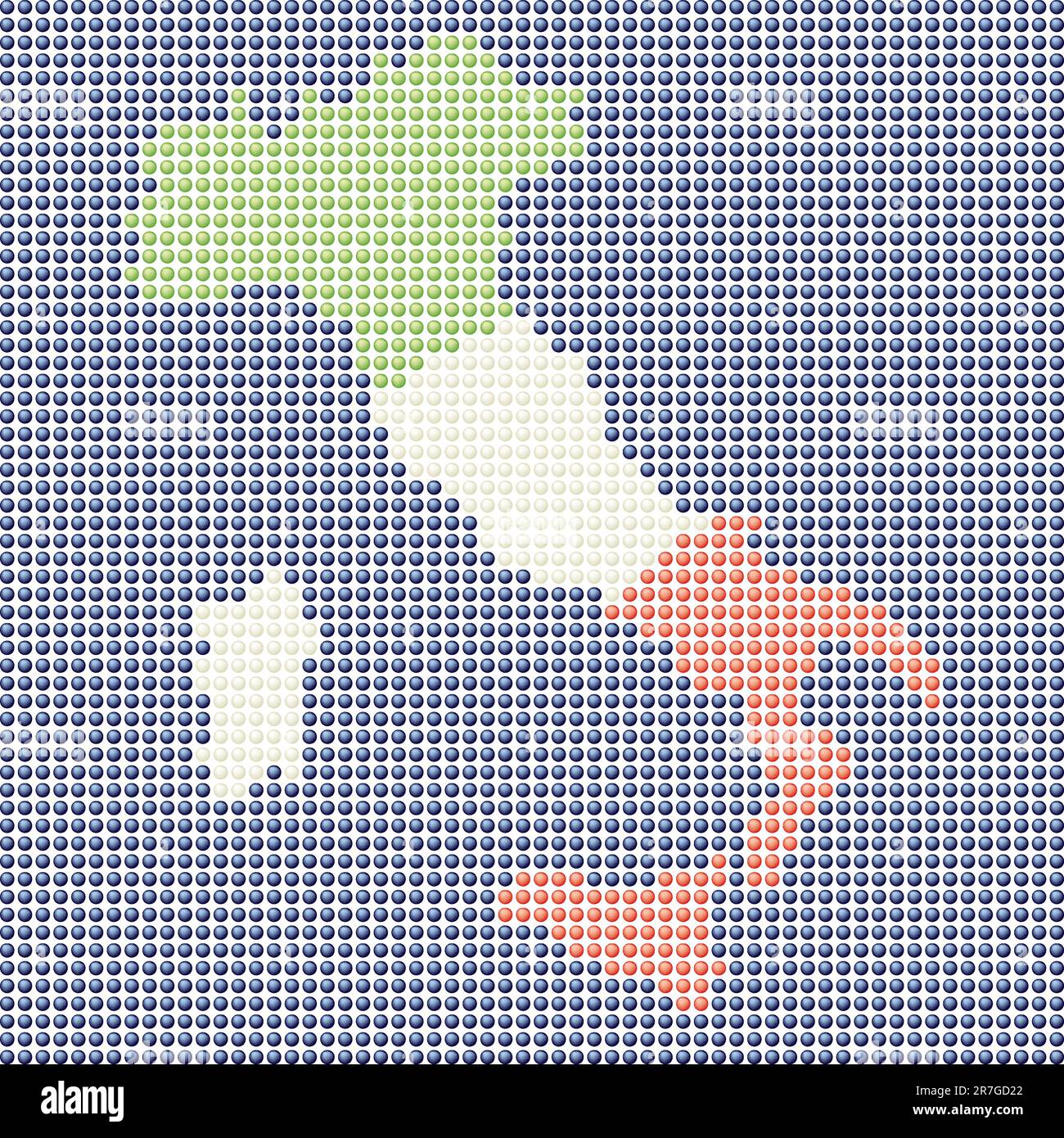 Rappresentazione grafica della mappa dell'Italia, fatta con piccole sfere di LED che rappresentano bandiera italiana di colori Illustrazione Vettoriale