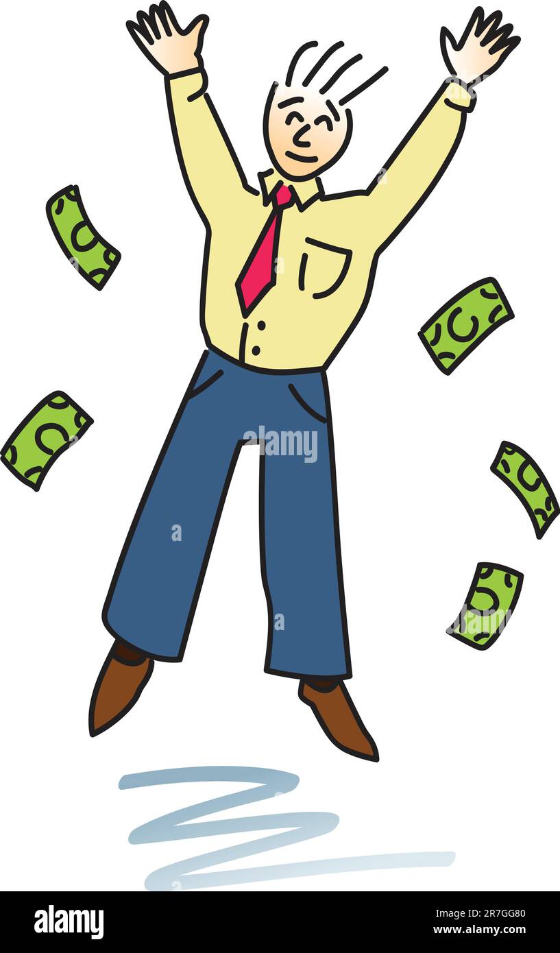 Un cartone animato di un uomo felice con soldi che saltano per gioia. Illustrazione Vettoriale