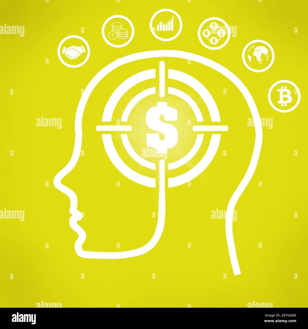Illustrazione del contorno della testa umana con il segno del bersaglio del dollaro come cervello circondato dai pittogrammi differenti di affari-orientati - conce riuscito di affari Foto Stock