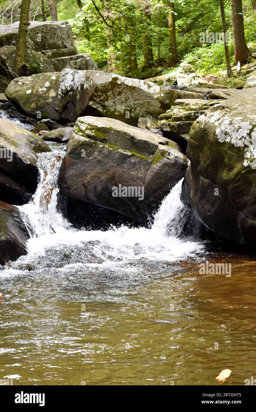 Acqua fluviale che scorre intorno a massi di pietra Foto Stock