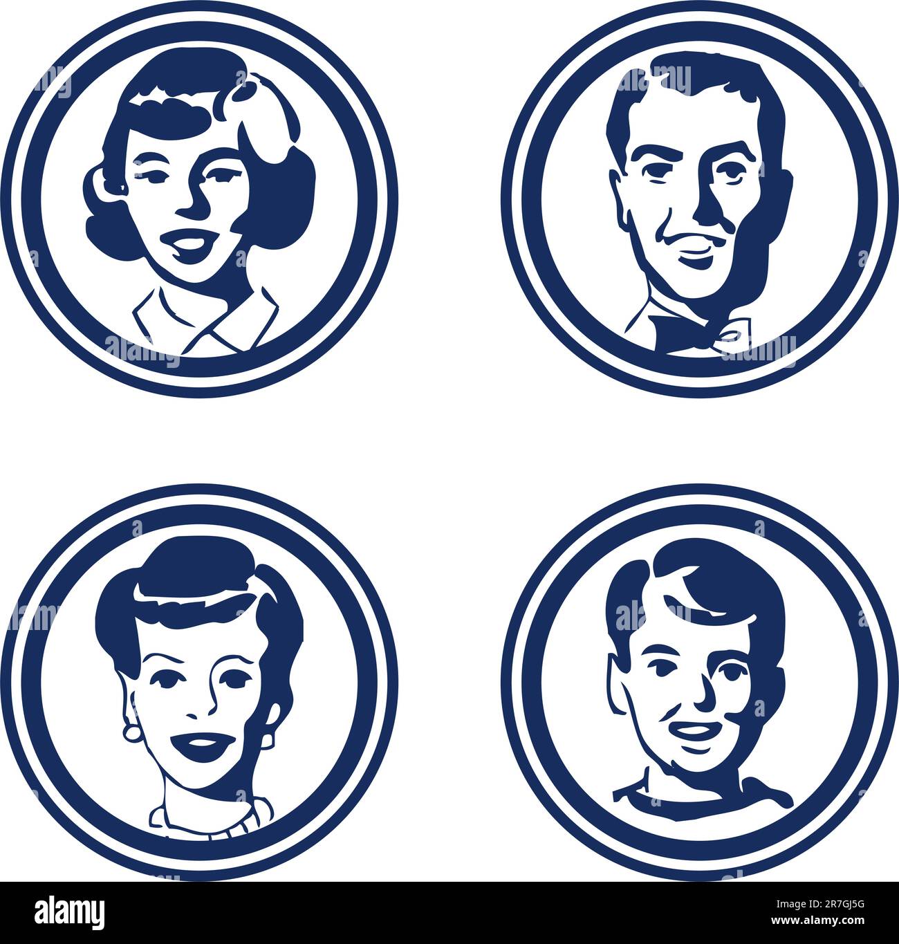 Icone per famiglie felici e retrò, adesivi vintage per gruppi di 4 persone, etichette Illustrazione Vettoriale