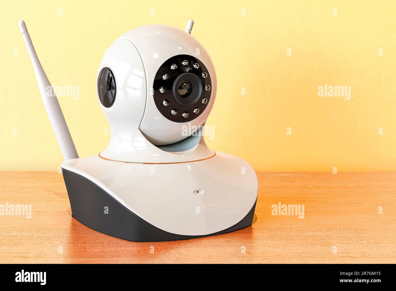 Telecamera IP sul tavolo di legno. Rendering 3D Foto Stock