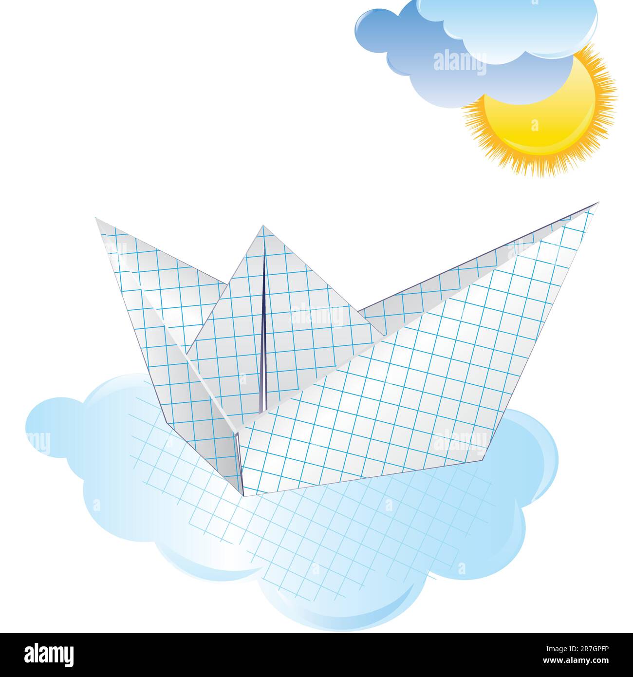 Nave di carta per imbarcazioni con sole e nuvole. Illustrazione vettoriale Origami. Illustrazione Vettoriale